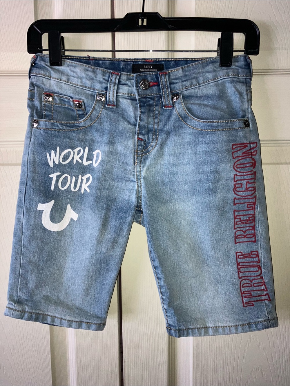 True Religion Light Blue Denim 'World Tour' Graphic Shorts
